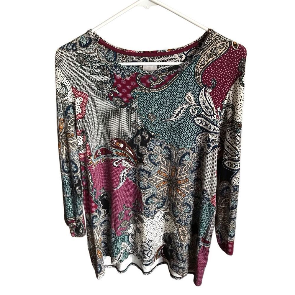Chicos size 2 = Large paisley print tunic blouse shirt 3/4 sleeve